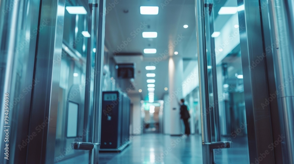 Poster a hightech walkthrough metal detector in a courthouse equipped with advanced features for thorough s