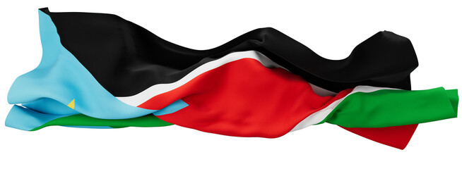 Flowing Fabric of South Sudan Flag in Dynamic Ripple on Dark Background