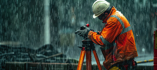 a surveyor who works in adverse conditions such as heavy rain or extreme heat. - obrazy, fototapety, plakaty