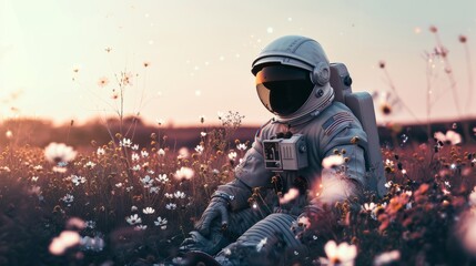 Astronaut resting in wildflower meadow at sunset