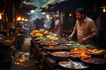 Local market agitated with street food., generative IA