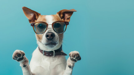 Dog in sunglasses with paws up - obrazy, fototapety, plakaty