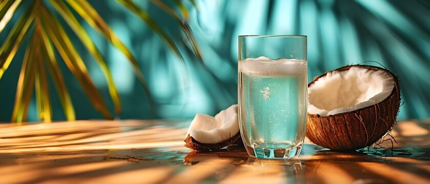 Coconut water in glass beside coconut on table natural tropical liquid. Concept Tropical Fruit, Refreshing Drink, Healthy Lifestyle Choice, Exotic Beverage
