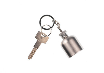 keychain with metal flask isolated on white background