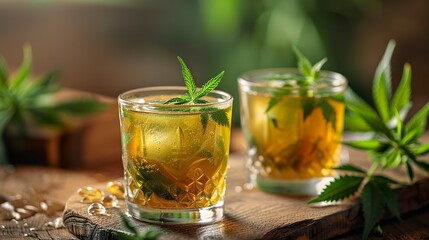A cannabis cocktail with ice cubes and ingredients infused with cannabis extracts. Cannabis cocktail with an earthy flavor and relaxing sensation.
