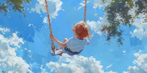 A colorful painting of a happy child swinging high on a swing, with a background of a bright sky and lush green trees. - obrazy, fototapety, plakaty