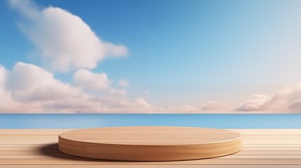 3d wood podium summer background for product display platform scene with sea beach sky cloud, Empty minimal wooden stage design.