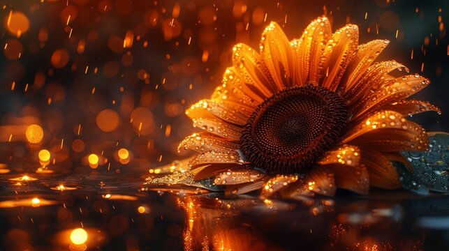   Close-up of sunflower on damp surface, petals speckled with water drops and dew