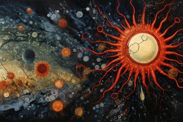 Abstract representation of a virus, artistically depicted with batik design elements, set against a backdrop simulating the interstellar medium