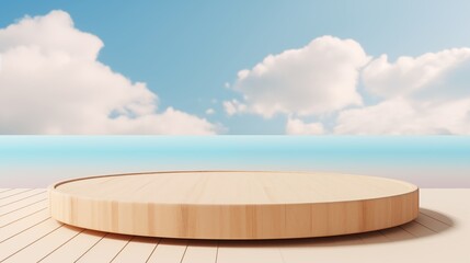 3d wood podium summer background for product display platform scene with sea beach sky cloud, Empty minimal wooden stage design.