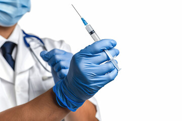 Doctor holding syringe. Close up nurse hand in glove holding needle. Copy space. Medical treatment, filler injection, cosmetic surgical, laboratory. Vaccination to patient for influenza protection.