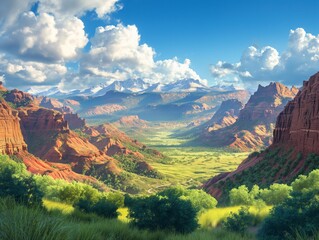 A beautiful mountain range with a valley in between. The sky is blue and there are clouds. The mountains are covered in snow