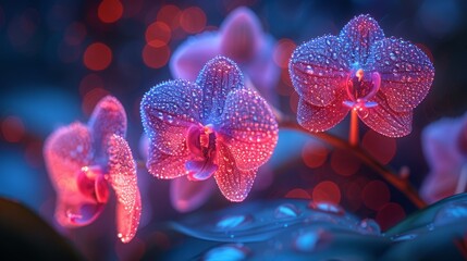   A tight shot of a purple bloom dotted with water beads Background softly blurred in red and blue lights