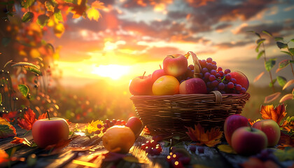In the center of a table, sits a rustic basket, filled to the brim with an abundance of colorful fruits