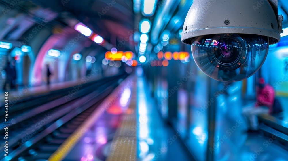 Poster advanced surveillance cameras p throughout a busy train station monitoring the movement of people an