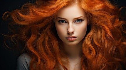 Fototapeta premium Beautiful female face with powerful silky hair and chic hairstyle done in a beauty salon. Perfect image of a beautiful red-haired woman with developing hair. Illustration for beauty magazine.