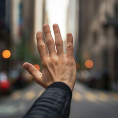 Close-up of a raised hand signaling stop, strong focus on the hand against a blurred urban background, symbol of boundary and caution