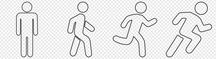 Editable real line icon set of a boy stick figure running fast and jogging in a outline design in modern black lines on a clean  transparent background as a EPS 10 vector illustration - obrazy, fototapety, plakaty