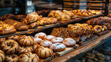 A bakery display case with a variety of pastries and breads