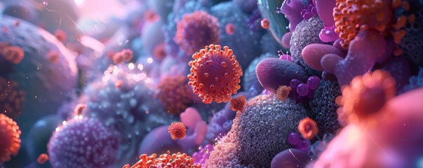 Colorful 3D illustration of various virus particles - obrazy, fototapety, plakaty