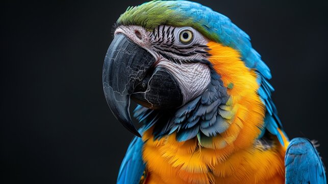 Blue-and-yellow macaw parrot on a black background. Hand-drawn, artistic portrait.