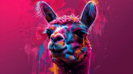 Obraz premium Abstract portrait of an alpaca / llama with multicolored shading on a dark purple background.