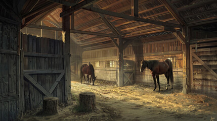 A horse is standing in a barn with another horse - obrazy, fototapety, plakaty