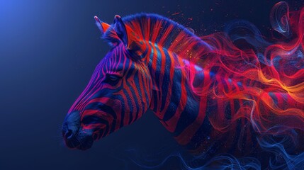 A zebra head with bright splashes of color on a dark blue background.