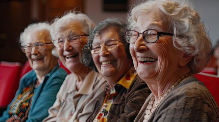 a happy team of people in their 70s, depicted in a random scene filled with laughter and warmth, celebrating the bonds of friendship and shared experiences. - obrazy, fototapety, plakaty
