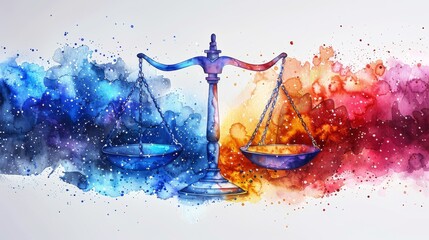 An artistic, color, hand-drawn image of the Libra zodiac sign with a symbol and star scheme in watercolour style on a white background. - obrazy, fototapety, plakaty