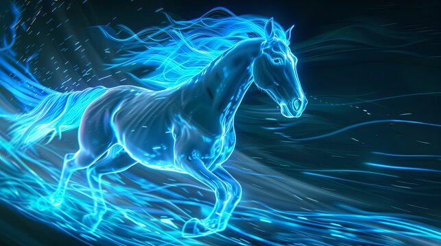 A mystical horse that symbolizes the power of the natural element. A hoofed animal (stallion or mare) running fast. Illustration for cover, card, interior design, brochure or presentation.