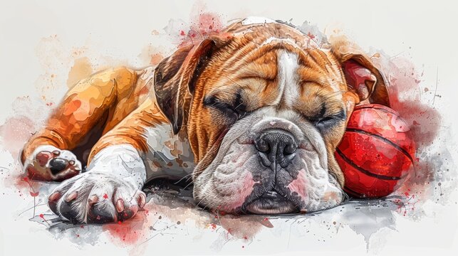 Digital modern graphics of an English bulldog holding a ball. Color, graphic portrait of the dog in watercolor style. Separate layers.