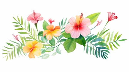 Obraz premium Watercolor illustration of tropical spring flowers and lush green leaves, isolated on a crisp white background, water color, drawing style, isolated clear background