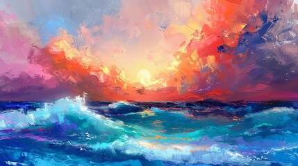 vibrant abstract seascape colorful sky and ocean waves expressive brushstrokes emotive oil painting style digital art - obrazy, fototapety, plakaty