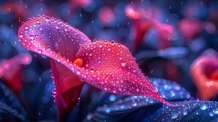   A tight shot of a pink blossom sporting dewdrops on its petals against a softly blurred backdrop - obrazy, fototapety, plakaty