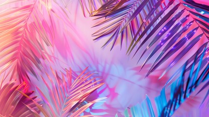 Colorful tropical palm leaves with pink and blue neon light