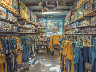 A store with a lot of merchandise for sale. The store is filled with blue and yellow clothing