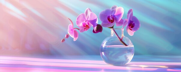 Purple orchids in a glass vase under colorful lights