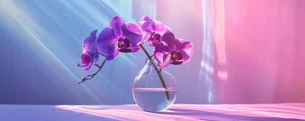 Purple orchid in a glass vase with dramatic lighting