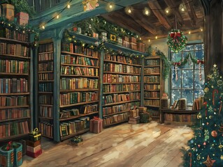 A Christmas themed library with a wreath on the window. The room is filled with bookshelves and a large Christmas tree