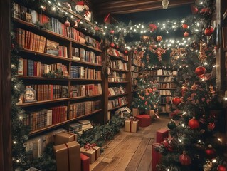 A library filled with Christmas decorations and a Christmas tree. The decorations include a large number of books, and the tree is adorned with red ornaments. The scene conveys a festive
