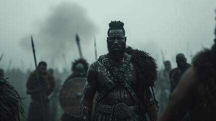 A black warrior in tribal attire stands ready for battle.