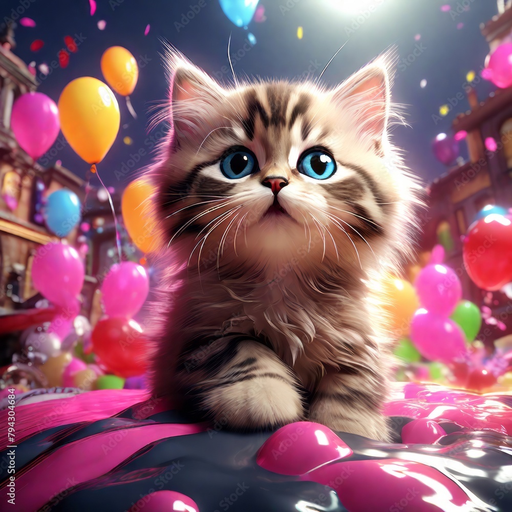 Poster cute little kitten with a balloon