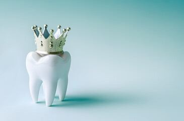 Human tooth with toy crown model on blue background. VIP stomatology service in clinic concept and space for design. Premium dental treatment.