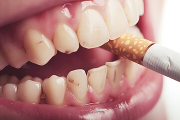 Cigarette in smoker mouth with dental plaque on teeth closeup. Bad habits conduct to teeth enamel damage and facilitate caries development.