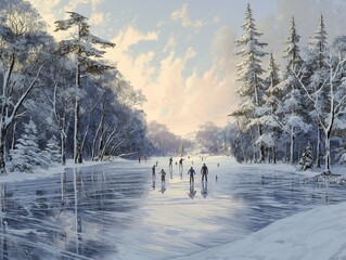 A group of people are ice skating on a frozen lake. The scene is peaceful and serene, with the snow-covered trees in the background. The people are enjoying the winter activity