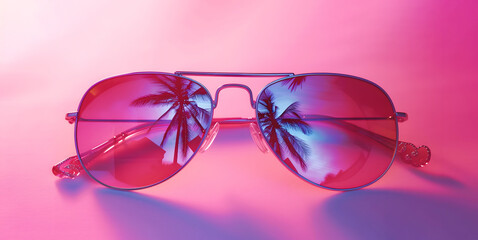 Sunglasses equipped with protective lenses. Stylish summer unisex accessory captured on bright backdrop with reflection of palm trees on lenses.