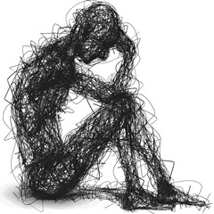 A person sits and thinks about a problem with his head down. Time for reflection. The image is a drawing of a human figure made of chaotic lines. Despair, depression, hopelessness or addiction concept
