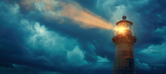  strong beam of light from a lighthouse in terrible stormy weather - obrazy, fototapety, plakaty