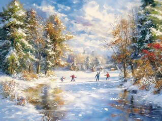 A painting of a snowy landscape with a group of people ice skating on a frozen lake. The mood of the painting is peaceful and serene, with the beauty of nature